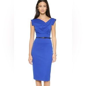 Sz 0  Black Halo Classic 'Jackie O' Sheath Classic Belted Lined Dress Blue.